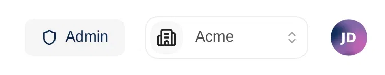 The Admin button with a shield icon in an app header, next to the organization switcher and the user's avatar