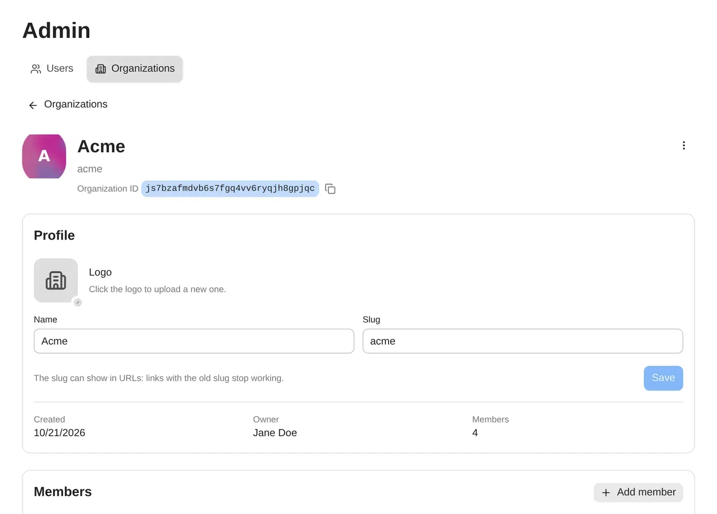 An organization's page in the admin dashboard with its logo, name, slug, owner and member list