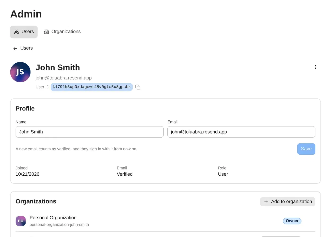 A user's page in the admin dashboard with the profile form, organization memberships and active sessions