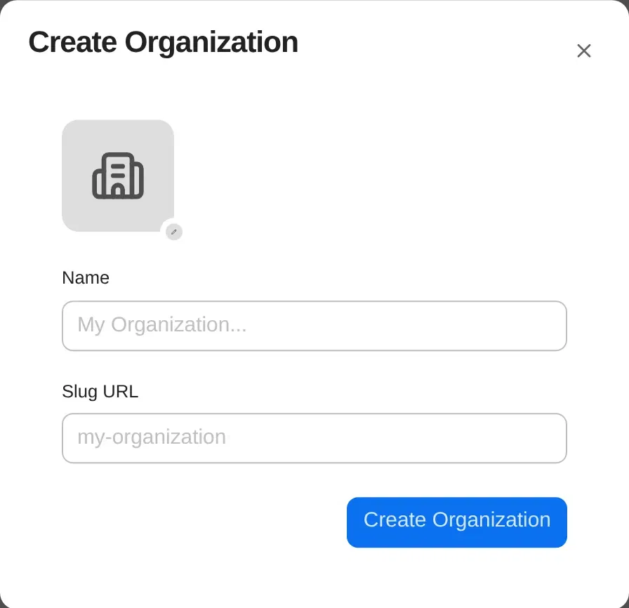 Create organization form with logo upload, name and slug fields