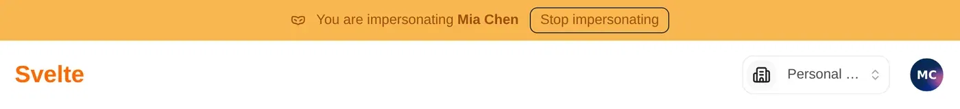 A warning-coloured banner across the top of the app reading 'You are impersonating' with the user's name and a Stop impersonating button