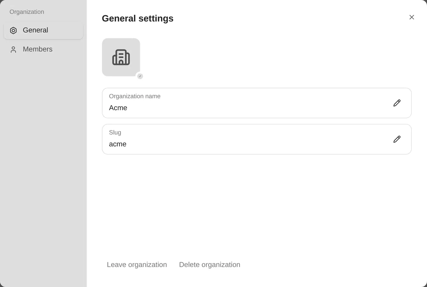 Organization profile dialog on the General tab, with logo, name, slug and the leave and delete actions