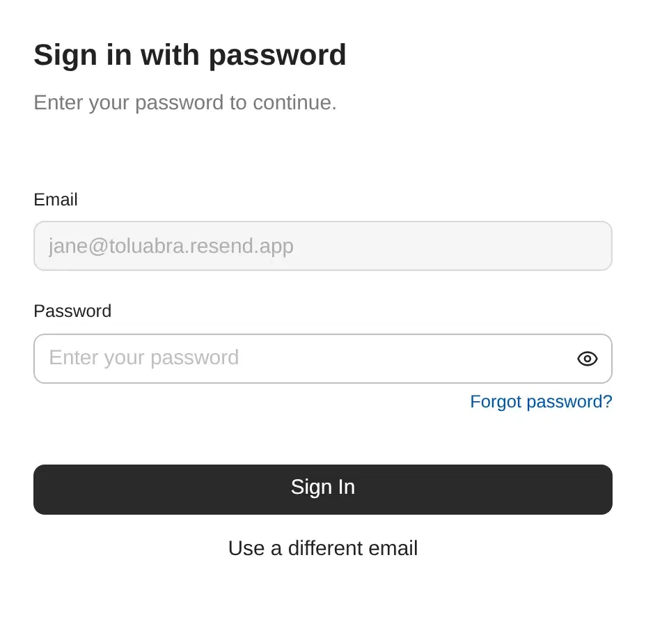 Password step for an existing account, with the email shown read-only and a Forgot password link