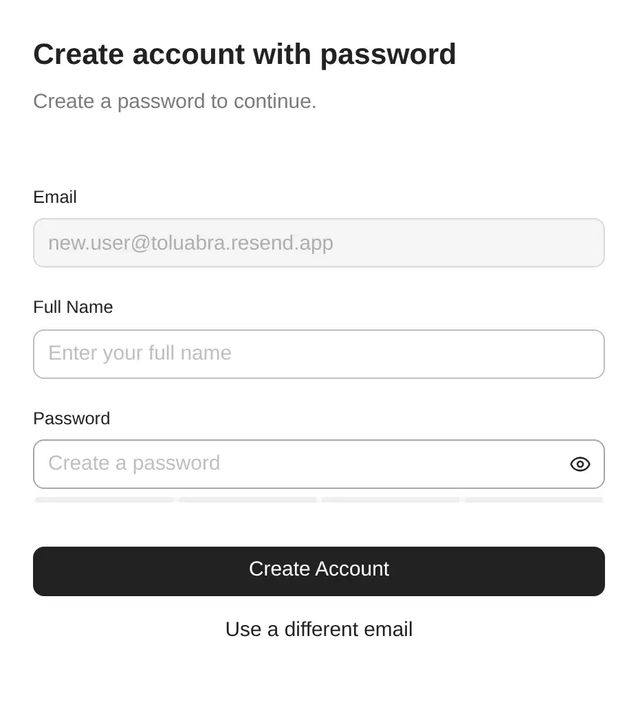 Create-account step for a new email, with full name and password fields and a strength meter