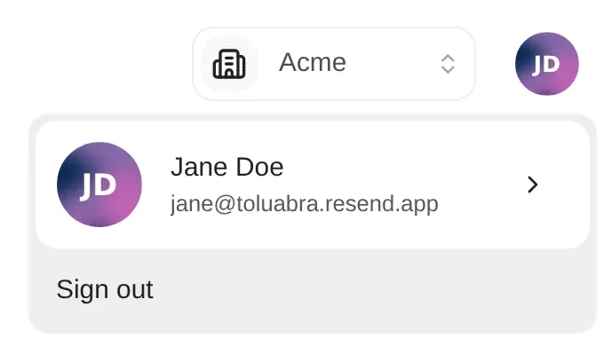 User button with its account menu open, showing the user's name, email and a Sign out button