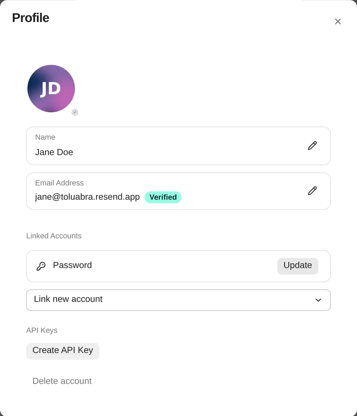 Profile dialog with avatar, name, email, linked accounts, API keys and a Delete account button