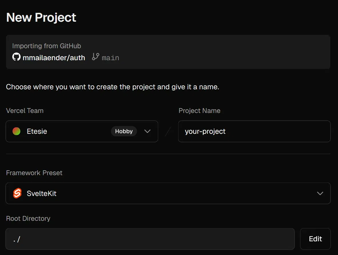 Vercel new project
