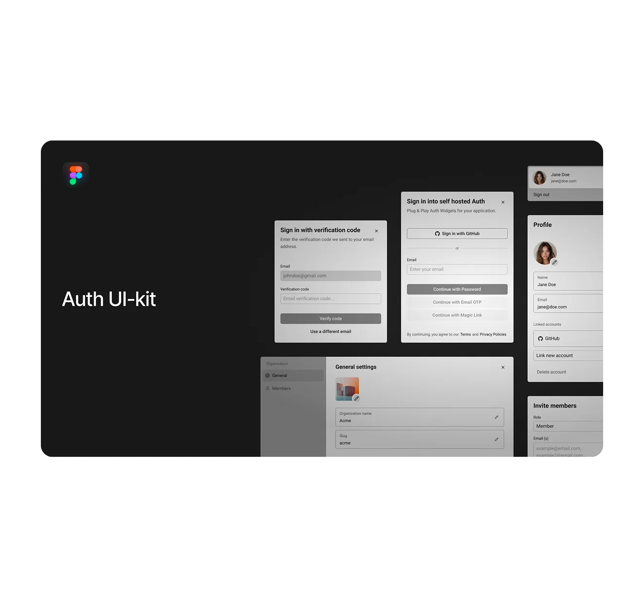 The Auth UI kit in Figma: sign-in, verification, profile and organization member screens.