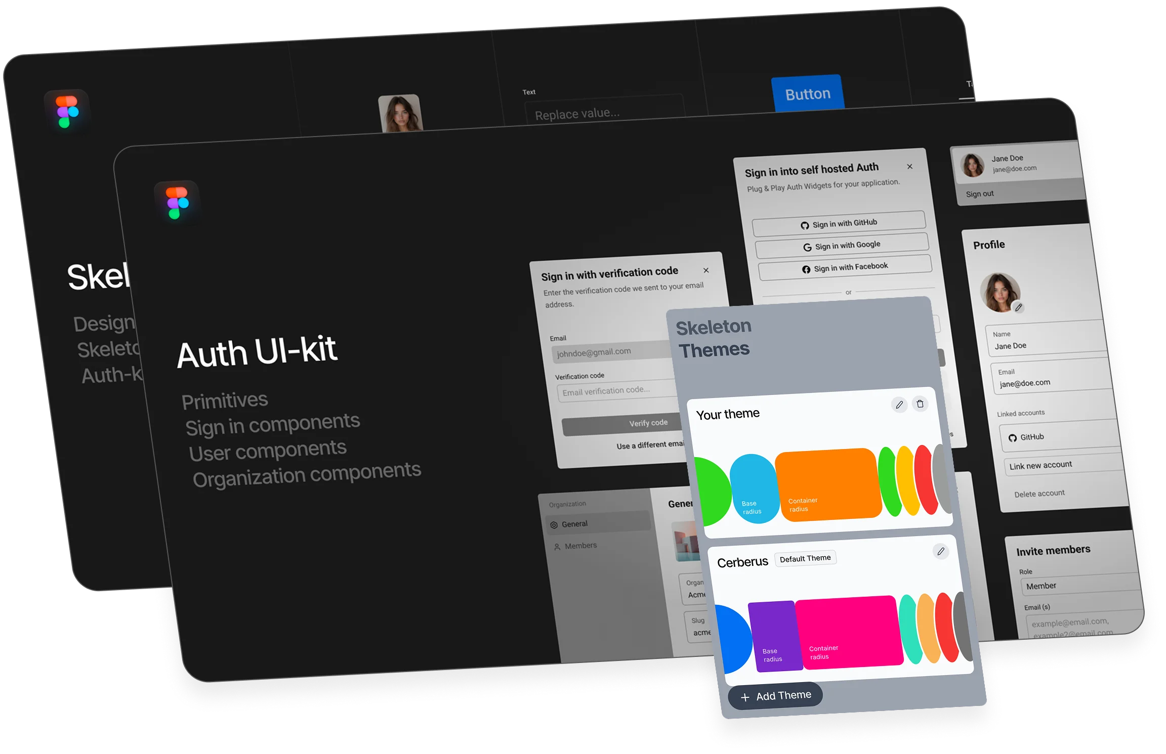 A Figma canvas with the Skeleton primitives kit and the Auth UI kit side by side: sign-in and profile screens, the themes plugin and its palette.