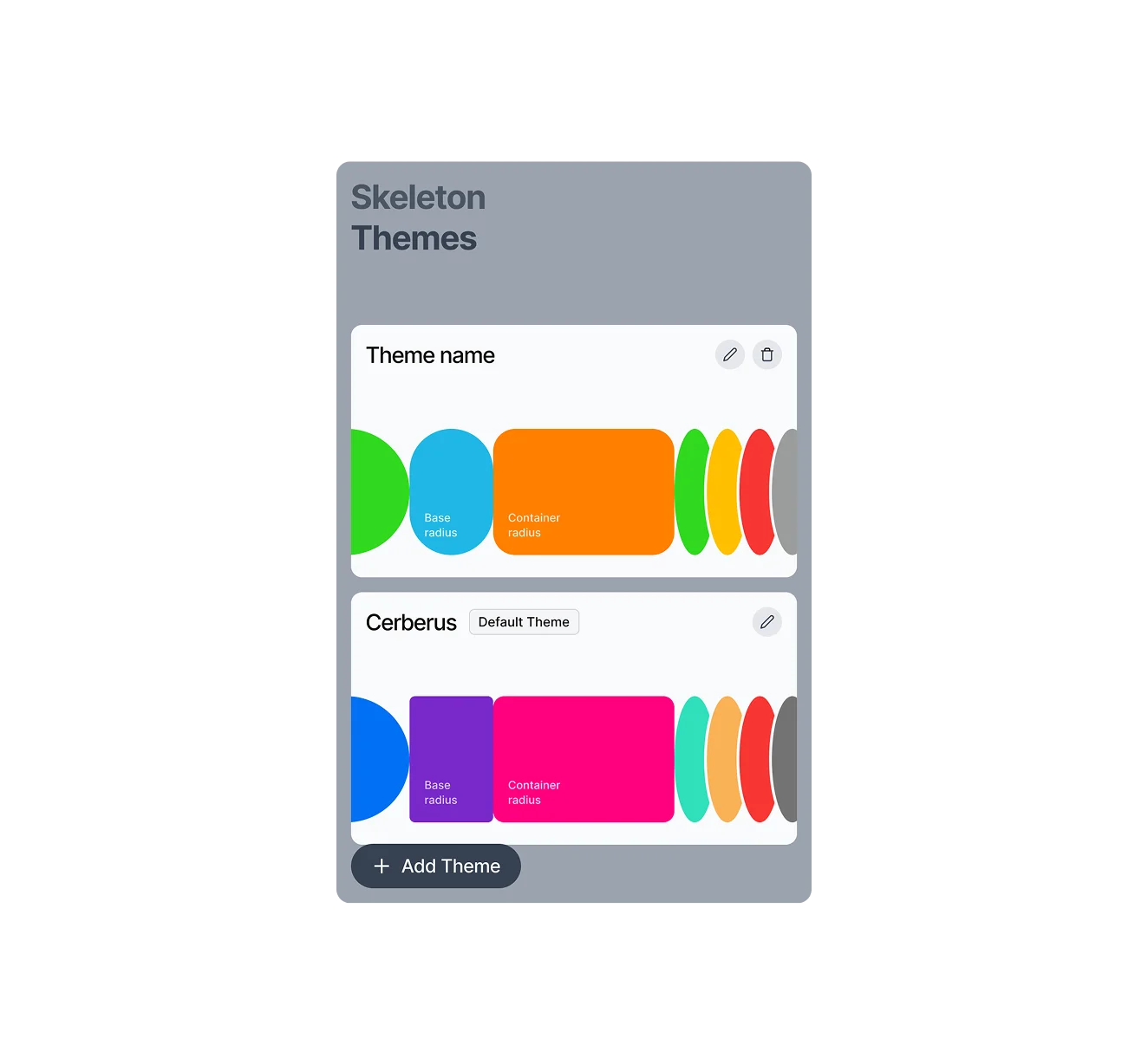 The Skeleton Themes plugin in Figma, showing a theme’s palette stops and the button that adds a theme.