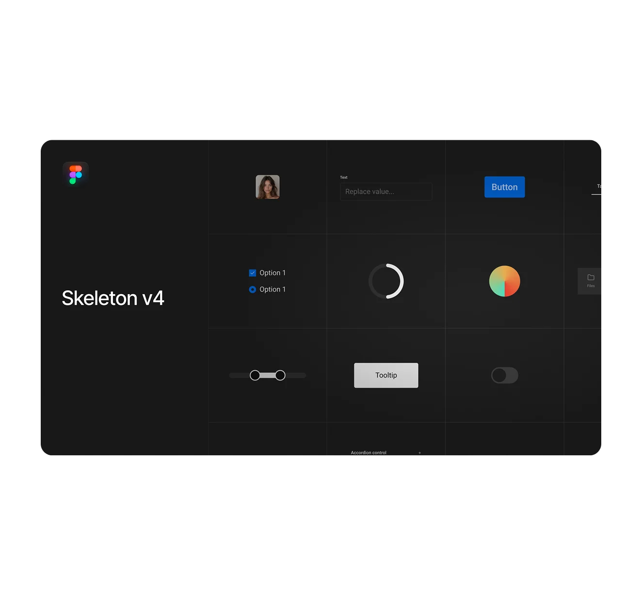 The Skeleton primitives kit in Figma: buttons, switches, a date picker and charts in the dark theme.