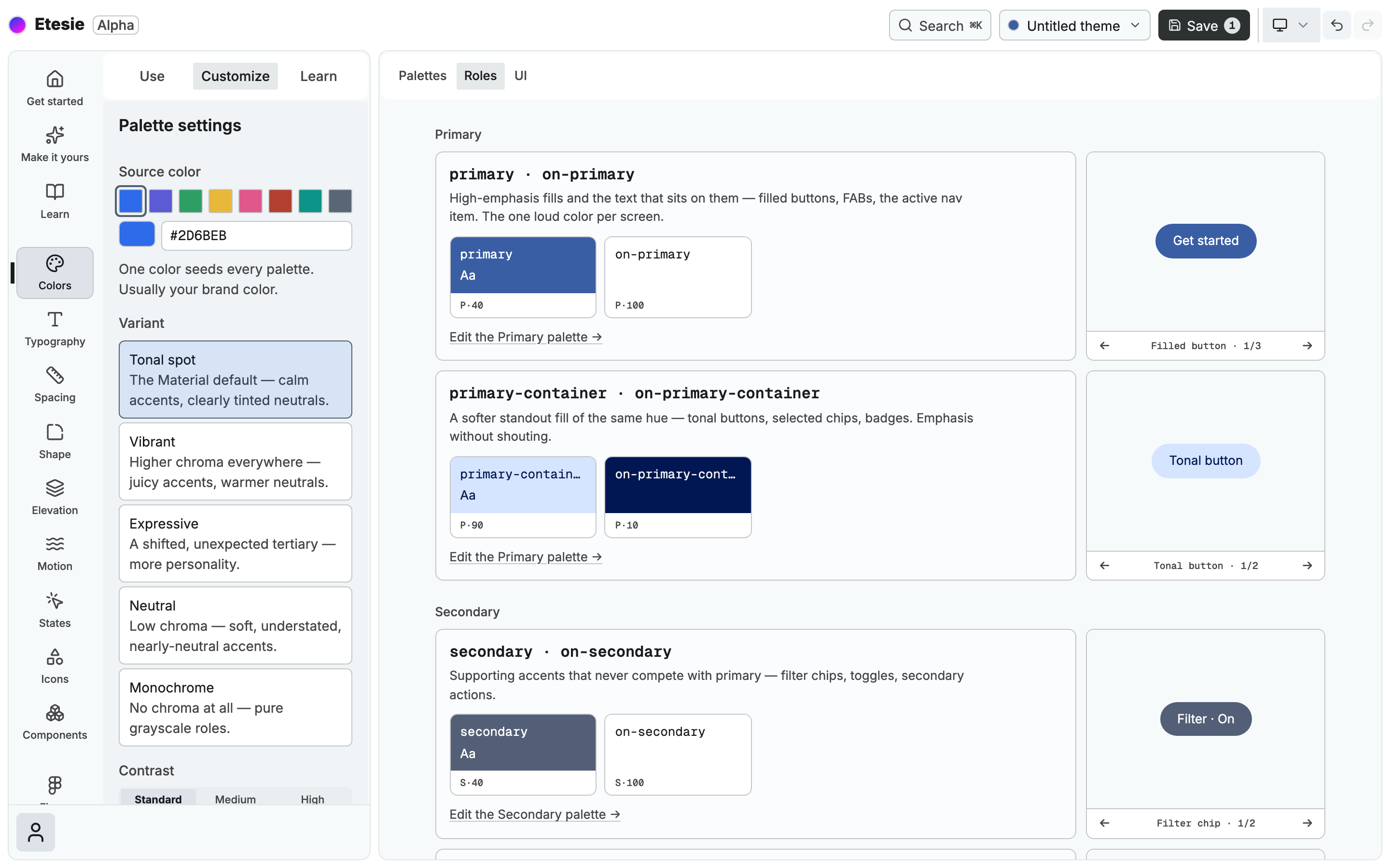 The Etesie editor on the Colors page: a source color, the Material variants and a live preview of each role.