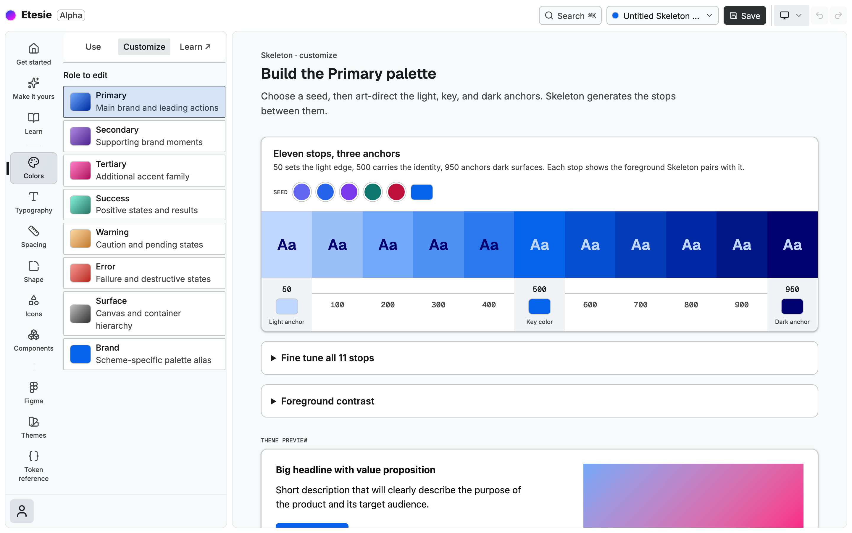 The Etesie editor on the Skeleton Colors page: a seed color, eleven palette stops and a theme preview.